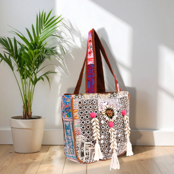 Multicolour Handcrafted Bohemian Embroidered Tote Bag for Women BH1011
